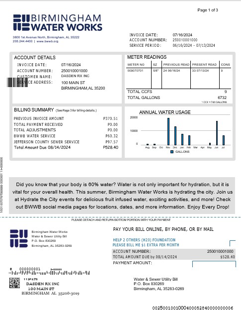 UNITED KINGDOM BIRMINGHAM WATER business utility bill Word and PDF template 1 PSD template